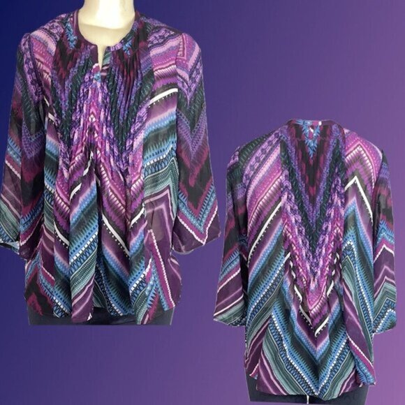 Roaman's 12W Purple Geometric Semi-Sheer Split Neck Pin-Tuck 3/4 Sleeve Blouse - Picture 1 of 6
